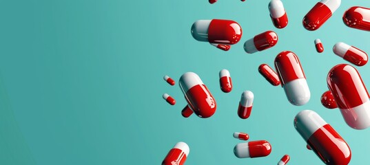Falling antibiotic pill capsules on dark backgroundhealthcare and medicine 3d illustration concept. - obrazy, fototapety, plakaty