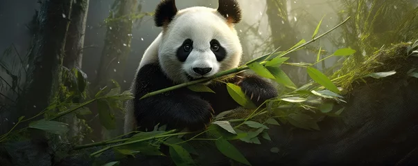 Schilderijen op glas A panda bear is laying on a tree branch in a lush green forest © Michal