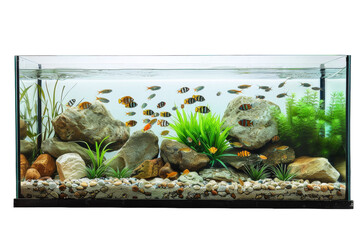 A captivating fish tank filled with an array of rocks and vibrant plants creating a serene underwater habitat