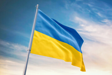 Waving flag of Ukraine in blue sky. Ukraine flag for independence day. The symbol of the state on wavy fabric.