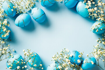 Easter frame of dyed Easter eggs with spring flowers on pastel blue table. Easter background.