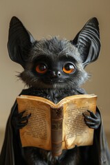 A bat character with a book in his hands . 3d illustration. The concept of study and education
