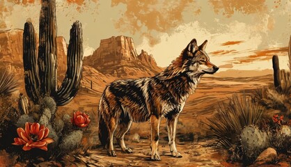  a painting of a wolf standing in front of a desert landscape with cacti and cacti in the background.