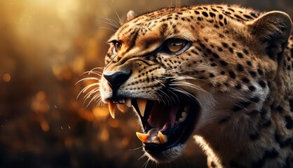  a close up of a cheetah's face with it's mouth open and it's teeth wide open.