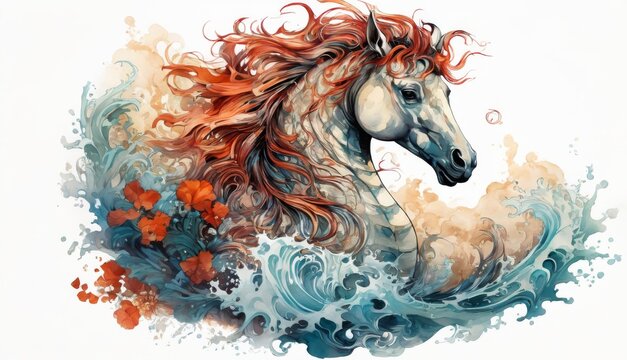  a watercolor painting of a horse with red manes running through a body of water on a white background.