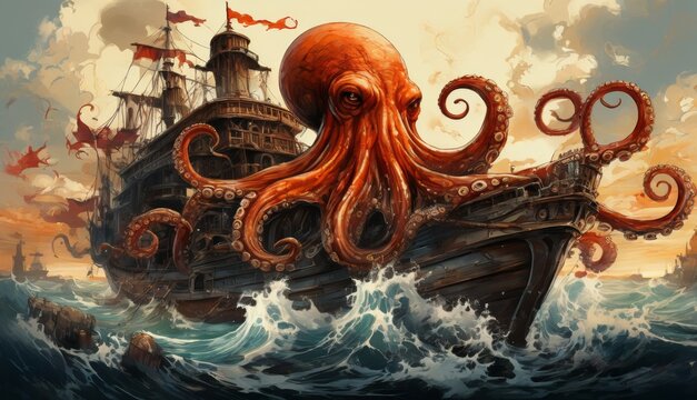  an octopus sitting on top of a boat in a body of water with a pirate ship in the back ground.