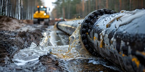 A chaotic scene with a ruptured gas pipeline causing environmental destruction. Concept Disaster Photography, Environmental Crisis, Incident Response, Emergency Management, Natural Disasters - obrazy, fototapety, plakaty