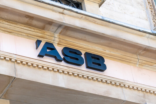 Auckland, New Zealand - February 1, 2024: Close-up of ASB bank sign on the building in Auckland, New Zealand. 