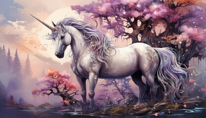 a painting of a white unicorn standing in front of a tree with pink flowers and a full moon in the background.