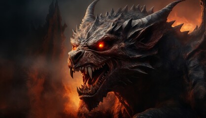  a close up of a demon with red eyes and a demon like face on it's face, with flames in the background.