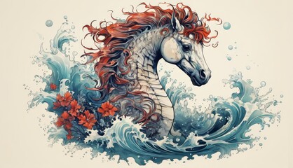  a painting of a sea horse in the ocean with a splash of water on the back of it's head.