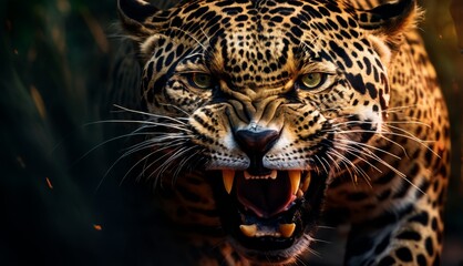  a close up of a leopard with it's mouth open and it's mouth wide open with it's mouth wide open.