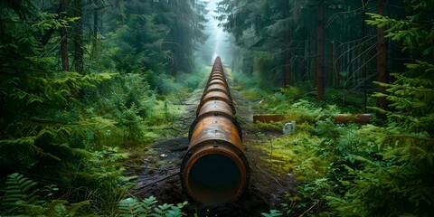 Man vs Nature: Large Industrial Pipe Cutting Through Dense Forest. Concept Man vs Nature, Industrialization, Deforestation, Environmental Impact