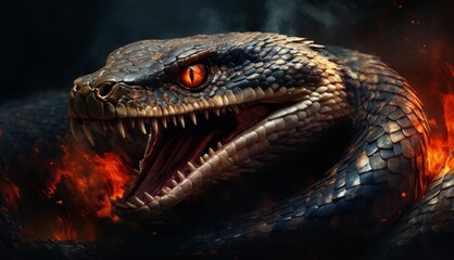  a large snake with it's mouth open and it's mouth wide open in front of a blazing background.