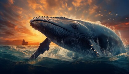  a painting of a humpback whale jumping out of the water in front of a sunset with a ship in the background.