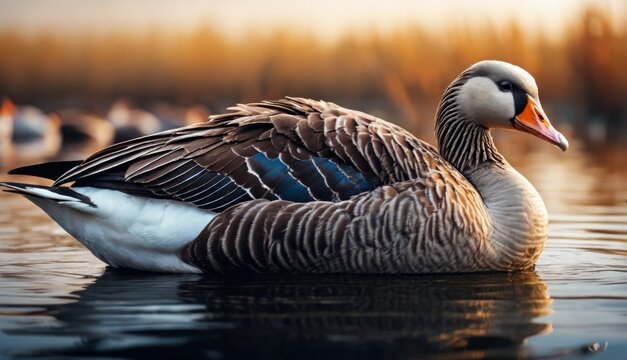  a close up of a duck in a body of water with other ducks in the back ground and trees in the background.