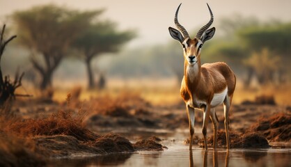  a gazelle standing next to a body of water in a dry grass and brush area with trees in the background. - obrazy, fototapety, plakaty