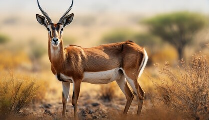  an antelope standing in the middle of a dry grass field with trees in the back ground and a blue sky in the background.