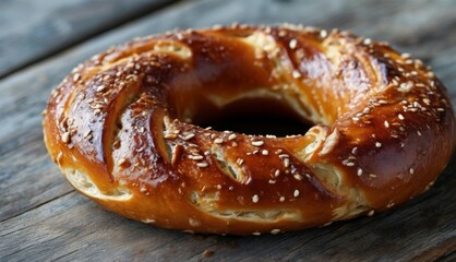  a close up of a bagel with sesame seeds on it on a wooden table with a blurry background.