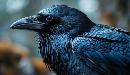 Fototapeta premium a close up of a blue bird with a black head and a black beak, with trees in the background.