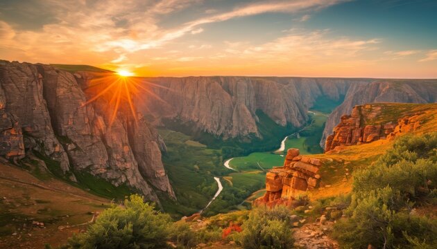  the sun is setting over a canyon with a river running between it and a mountain range with a river running between it.