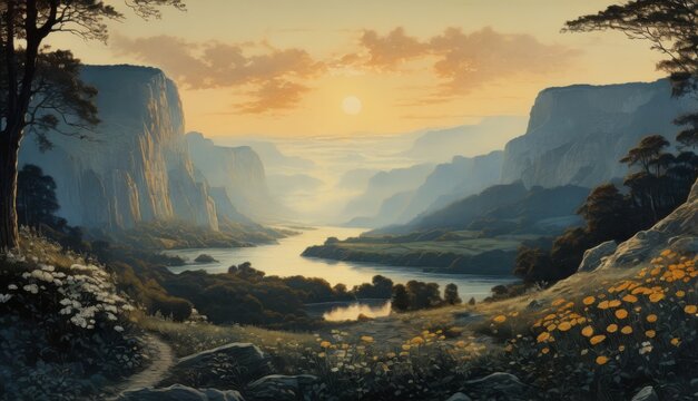  a painting of the sun setting over a valley with a river running between it and a mountain range in the distance.