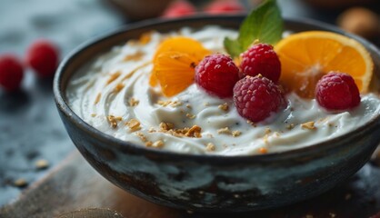  a bowl of yogurt with raspberries, oranges and mint leaves on a wooden cutting board.