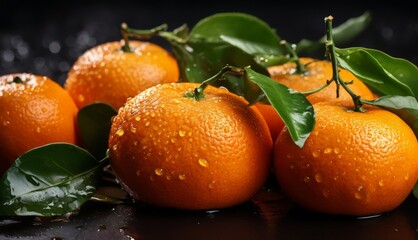  a group of oranges sitting on top of a table next to green leaves and water droplets on the surface.
