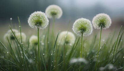  a close up of a bunch of dandelions with drops of water on the tops of the dandelions.