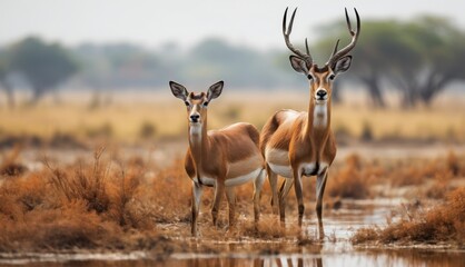 two antelope standing next to each other in a field of tall brown grass and dry grass with trees in the background. - obrazy, fototapety, plakaty