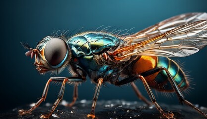  a close up of a fly on a piece of glass with drops of water on the fly's wings.