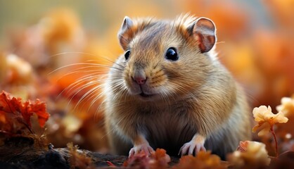  a close up of a small rodent in a field of grass and leaves with a blurry background of orange and yellow leaves.