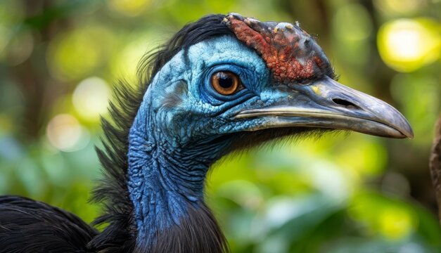 a close up of a blue and black bird with a red crown on it's head and a tree in the background.