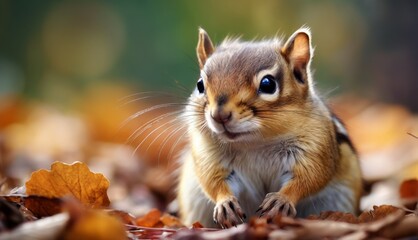  a close up of a small squirrel on a pile of leaves with a blurry background of leaves and leaves on the ground.