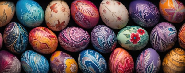 multicolored Easter eggs with intricate designs, symbolizes tradition and celebration during the holiday