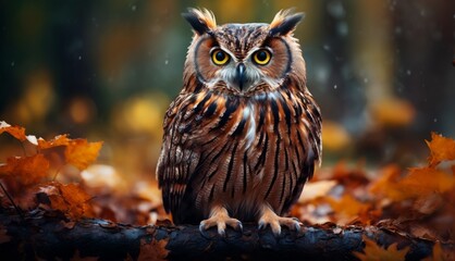  a close up of an owl sitting on a tree branch in a forest with lots of leaves on the ground.
