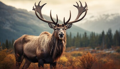  a close up of a deer with antlers in a field with mountains in the background and trees in the foreground.