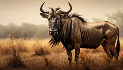 Foto op Aluminium  a wildebeest standing in a field with long horns on it's head and it's hair blowing in the wind. © Jevjenijs