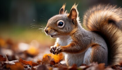  a squirrel standing on its hind legs in a pile of leaves with its front paws on it's hind legs.