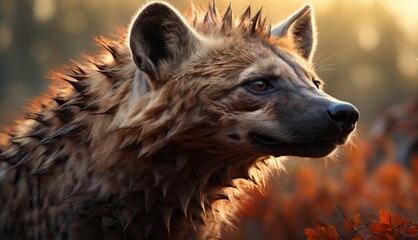  a close - up of a hyena's face with orange flowers in the foreground and trees in the background.