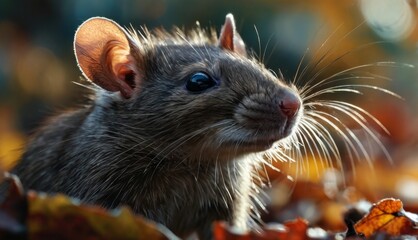  a close up of a rodent with a leaf in the foreground and a blurry background of leaves in the foreground.