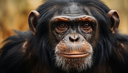  a close up of a monkey's face with a concerned look on it's face and a blurry background.