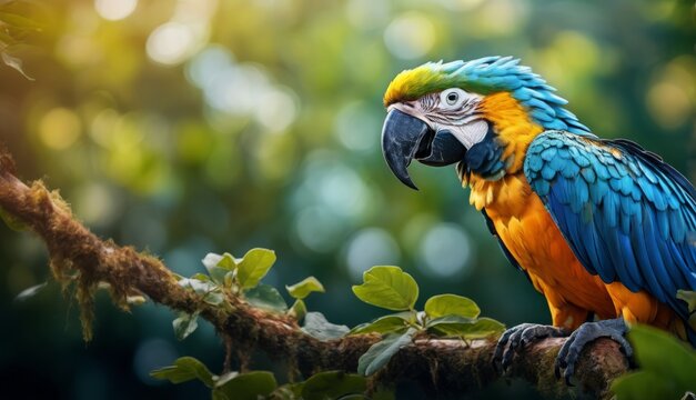  a colorful parrot sitting on top of a tree branch next to a green leafy tree filled with lots of leaves.