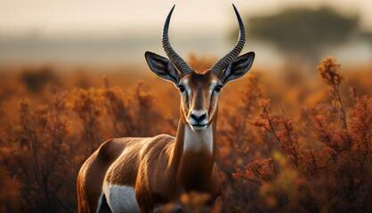  an antelope standing in the middle of a field with tall grass and bushes in the foreground, with a hazy sky in the background. - obrazy, fototapety, plakaty