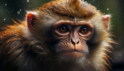  a close up of a monkey's face with snow flakes on the back of it's head.