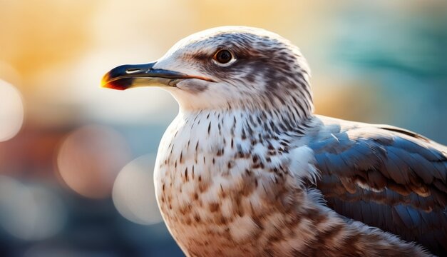  a close - up of a bird with a blurry background of a blurry image of a building in the background.