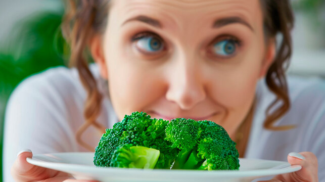 A woman looks at a plate of broccoli diet. Selective focus.