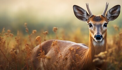  a close up of a deer with antlers on it's head standing in a field of tall grass.
