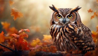  a close up of an owl sitting on a branch with leaves in the foreground and a blurry background.