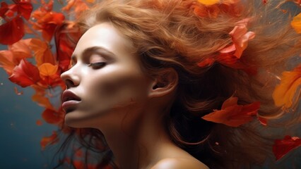  a woman with her hair blowing in the wind with red and orange petals on her head and hair blowing in the wind.